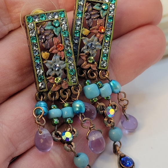 Blue and Lavender Crystal and Beaded Flower Dangle  Earrings - Picture 15 of 16